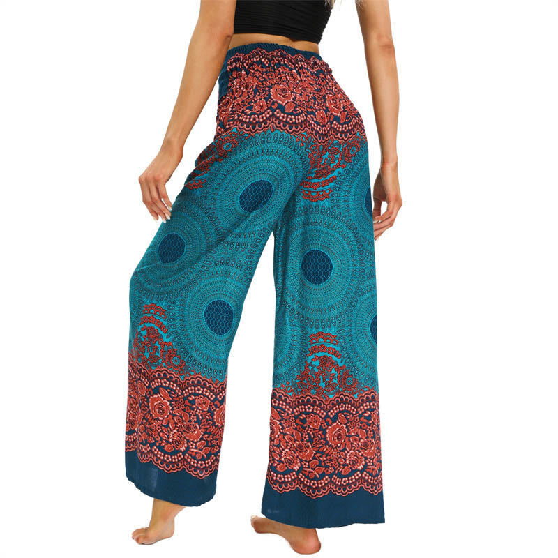 Mythstone Bohemian Compass Flower Print Lace-up Wide Leg Pants Women's Yoga Pants