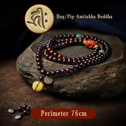 Pulsera de protección PiXiu con 108 cuentas de Buda natal del zodíaco chino de MythStone, hoja pequeña, sándalo rojo, ágata roja