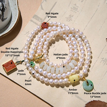 Pulsera de plata de ley 925 con perlas, jade hetiano, ágata roja, doble felicidad, ámbar, suerte, cuádruple vuelta 