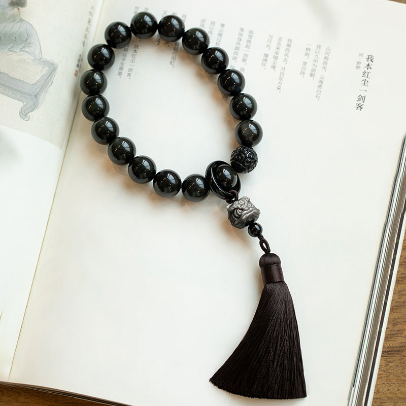 Mythstone Natural Silver Sheen Obsidian Black Obsidian Lion Wrist Mala Protection Tassels Pocket Mala Car Decoration