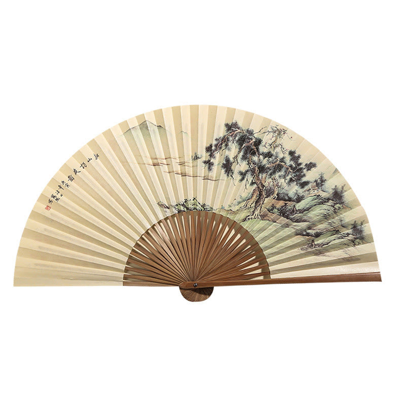 Mythstone Pine Tree Garden Peony Handheld Paper Bamboo Folding Fan 26cm