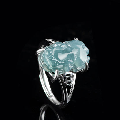 Mythstone 925 Sterling Silver Fengshui Wealth Prosperity Jade PiXiu Luck Ring