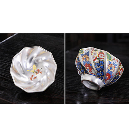 Mythstone 999 Sterling Silver Gilding Chrysanthemum Flowers Ceramic Teacup Kung Fu Tea Cup