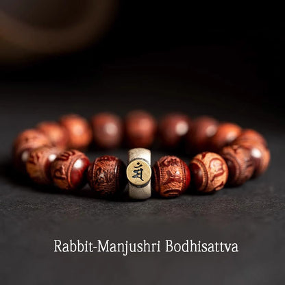 Mythstone Chinese Zodiac Natal Buddha Small Leaf Red Sandalwood Om Mani Padme Hum Protection Bracelet