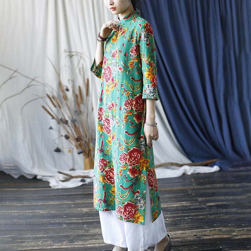 Mythstone Red Blue Peony Midi Dress Half Sleeve Cotton Linen Dress Wide Leg Pants With Pockets