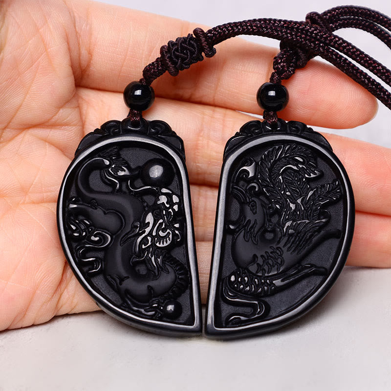 Mythstone Black Obsidian Love Dragon Phoenix Protection Necklace Pendant