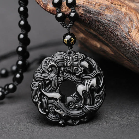 Mythstone Natural Black Obsidian Peace Buckle Pixiu Purification Necklace Pendant