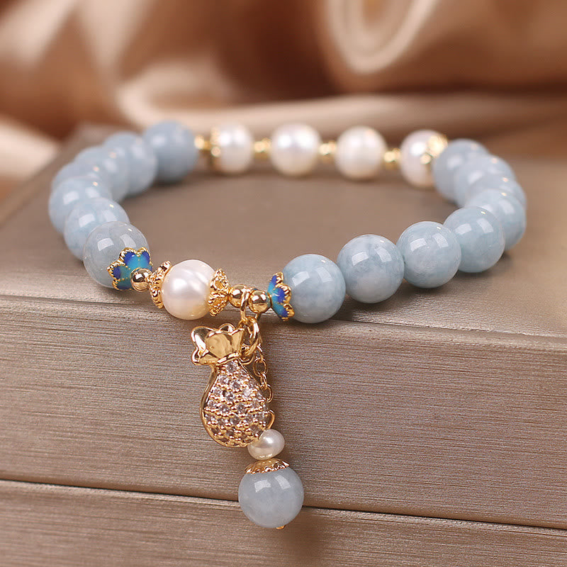 MythStone Aquamarine Pearl Fortune Money Bag Charm Bracelet