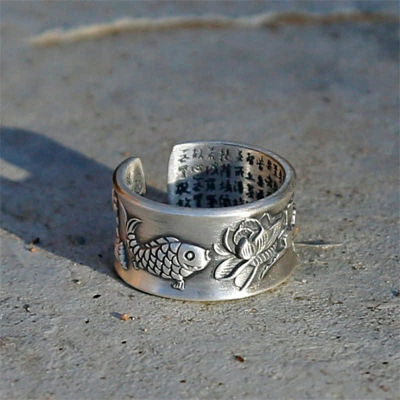 Mythstone 999 Sterling Silver Luck Koi Fish Lotus Heart Sutra Wealth Ring