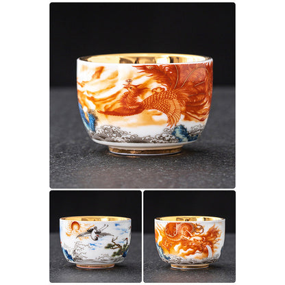 Mythstone Dragon Phoenix Crane Sun Ocean Waves Gilt Ceramic Teacup Kung Fu Tea Cup 170ml