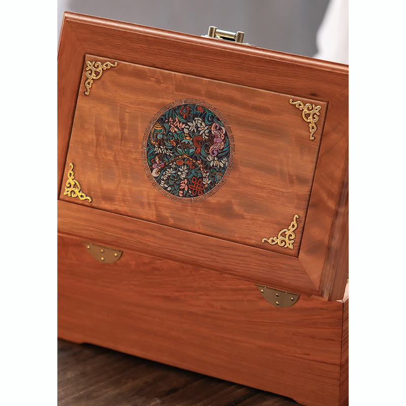 Mythstone Antique Handmade Rosewood Jewelry Storage Box Lockable Large Double Layer Flower Wooden Gift Organizer Box