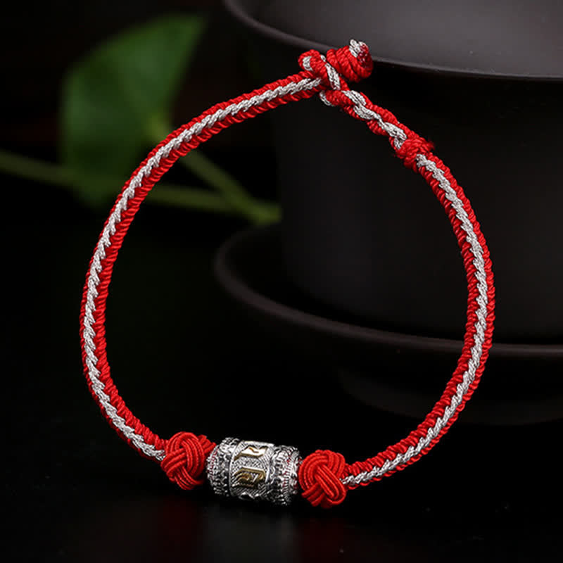 Mythstone 925 Sterling Silver Om Mani Padme Hum Prayer Wheel Luck Strength Red String Bracelet