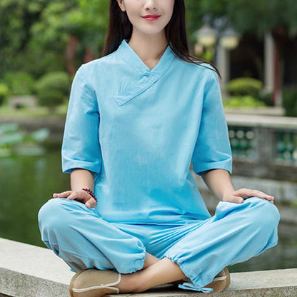 Mythstone 2Pcs Half Sleeve V-Neck Shirt Top Pants Meditation Zen Tai Chi Linen Clothing Women's Set