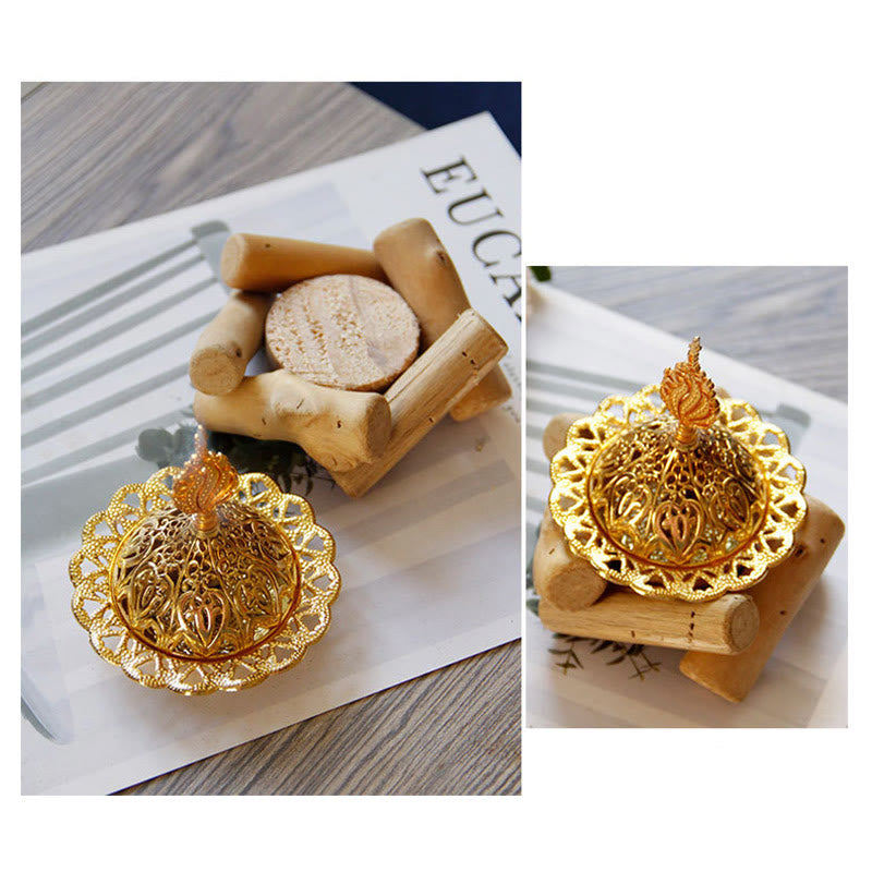 Mythstone Gold Alloy Healing Mini Incense Burner With Wooden Coaster Home Decor