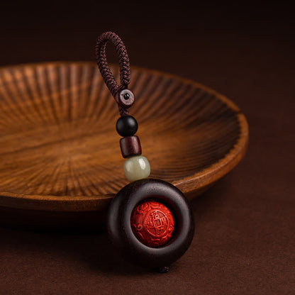 Mythstone Tibet Om Mani Padme Hum PiXiu Copper Coin Small Leaf Red Sandalwood Cinnabar Protection Key Chain