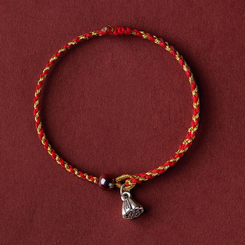 Mythstone Handcrafted Red Gold Rope Lotus Peace And Joy Charm Braid Bracelet