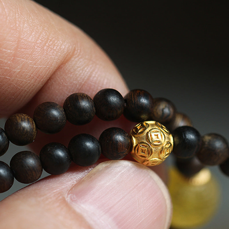 MythStone 999 Gold Nha Trang Heiqinan Agarwood Amber Red Agate Strength Meditation Bracelet