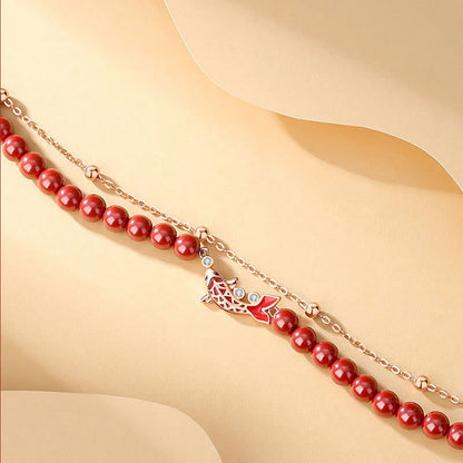 Mythstone 925 Sterling Silver Lucky Koi Fish Cinnabar Zircon Prosperity Double Layer Chain Bracelet