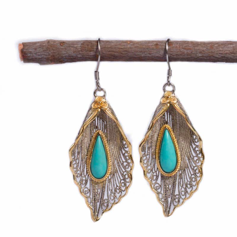 Mythstone 925 Sterling Silver Turquoise Bodhi Leaf Pattern Protection Drop Dangle Earrings