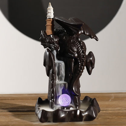 Mythstone Nordic Dragon Ceramic Backflow Smoke Fountain Meditation Healing Incense Burner Led Ball Decoration