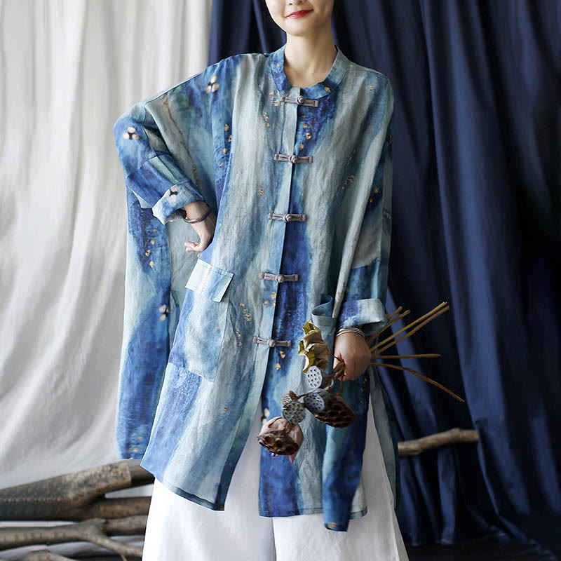 Mythstone Blue White Beige Small Flower Frog-button Design Long Sleeve Ramie Linen Jacket Shirt With Pockets