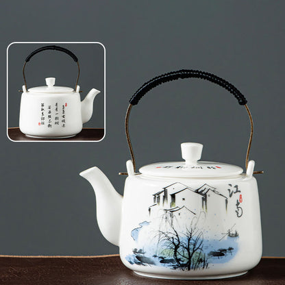 Mythstone Vintage Dragon Mountain Fisherman Landscape White Porcelain Ceramic Kung Fu Teapot