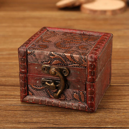 Mythstone Retro Small Square Wood Jewelry Box Lotus Grass Flower Grape Copper Coin Daffodil Jewelry Storage Box