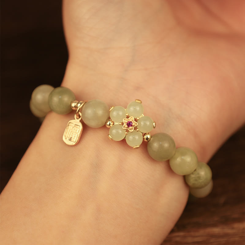 MythStone Green Jade Flower Fu Character Charm Luck Bracelet