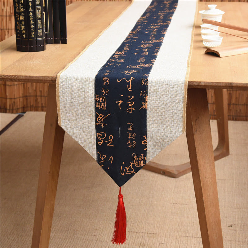 Mythstone Classic Chinese Style Lotus Koi Fish Flower Crane Calligraphy Enlightenment Cotton Linen Tassels Table Runner