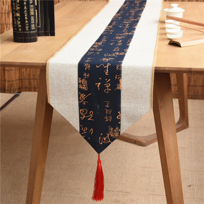 Mythstone Classic Chinese Style Lotus Koi Fish Flower Crane Calligraphy Enlightenment Cotton Linen Tassels Table Runner