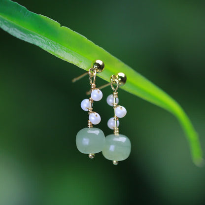 Mythstone Hetian Jade Flower Pattern 14K Gold Plated Luck Drop Dangle Earrings