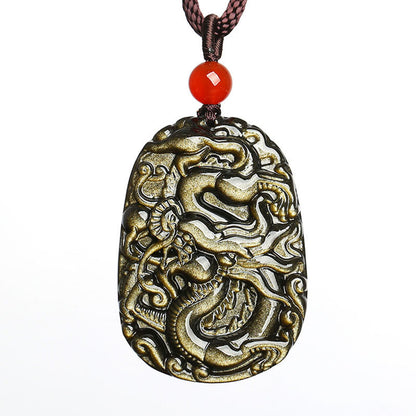 Mythstone Gold Sheen Obsidian Dragon Pattern Success Necklace Pendant