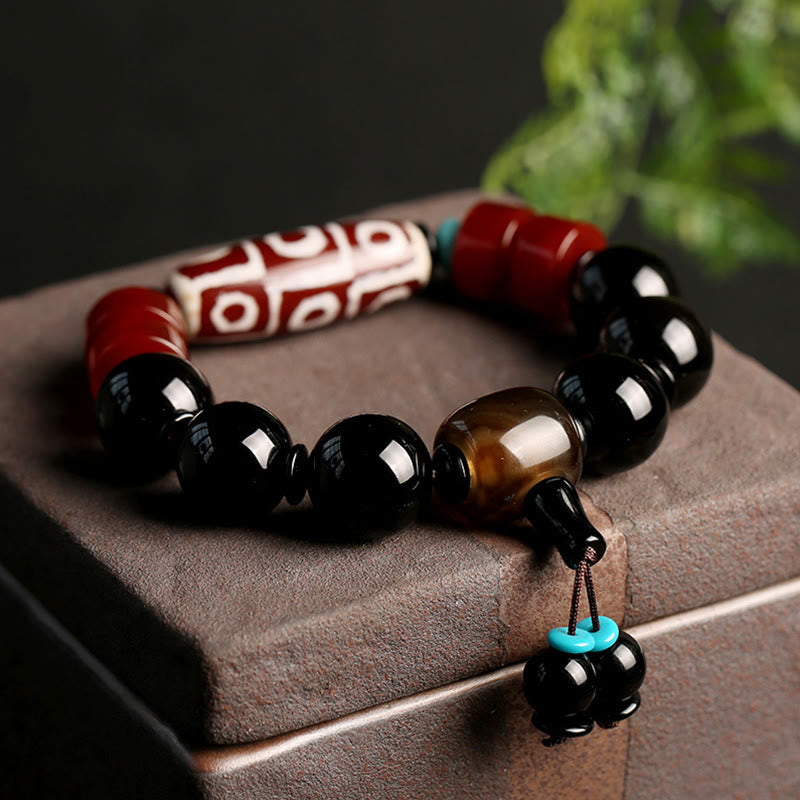 MythStone Tibetan Nine-Eye Dzi Bead Black Onyx Wealth Protection Bracelet