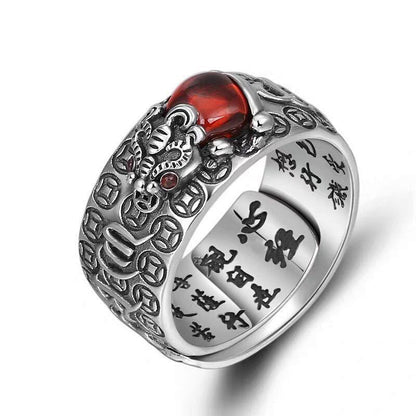 Anillo ajustable de riqueza con el sutra del corazón, vajra, dorje y rana del feng shui, piedra mítica, piedra Genstone PiXiu 