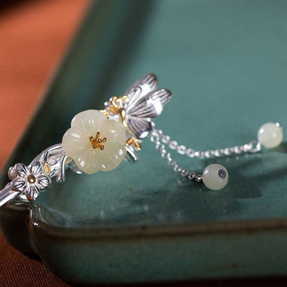 Mythstone 925 Sterling Silver Hetian White Jade Flower Blessing Hairpin