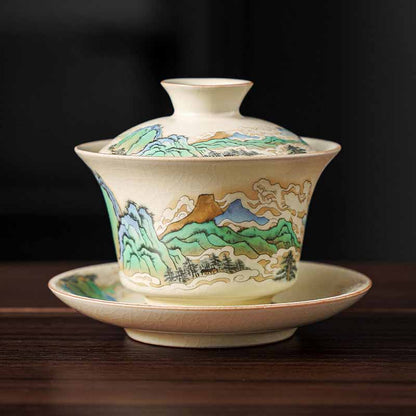 Mythstone A Panorama of Rivers and Mountains Flowers Ceramic Gaiwan Sancai Teacup Kung Fu Tea Cup And Saucer With Lid