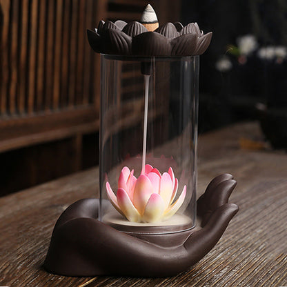 Mythstone Buddha Hand Lotus Enlightenment LED Light Purple Clay Ceramic Incense Burner Decoration