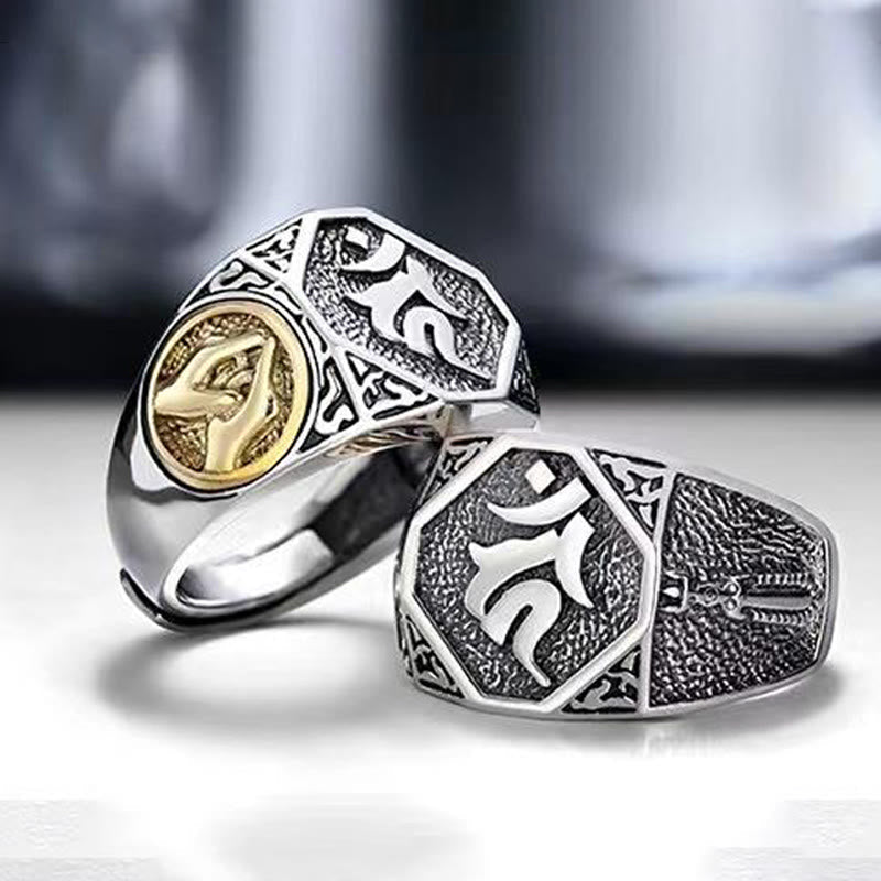 Anillo ajustable de protección tallado con diseño sánscrito en plata de ley 925 Mythstone