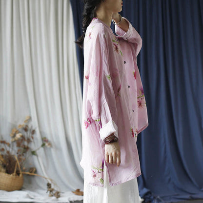 Mythstone Pink Flower Print Frog-button Design Batwing Long Sleeve Ramie Linen Jacket Shirt