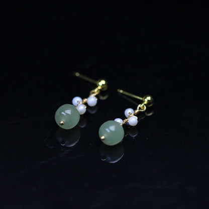 Mythstone Hetian Jade Flower Pattern 14K Gold Plated Luck Drop Dangle Earrings