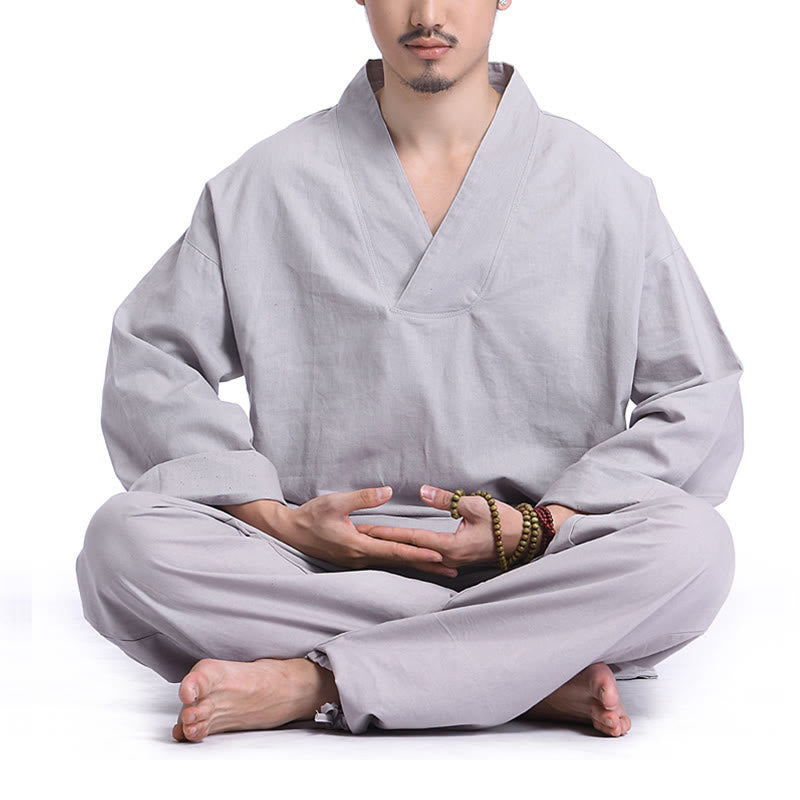 Mythstone Meditation Prayer V-neck Design Cotton Linen Spiritual Zen Practice Yoga Clothing Men's Set