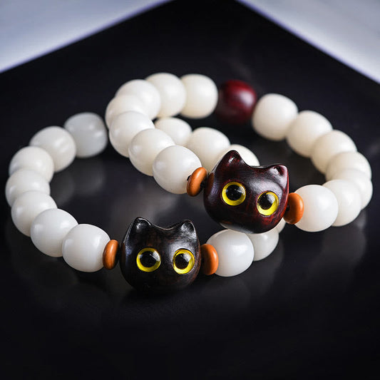 Pulsera de la sabiduría del gato de la suerte con hojas pequeñas de semilla de Bodhi natural de Mythstone, sándalo rojo y madera de ébano 