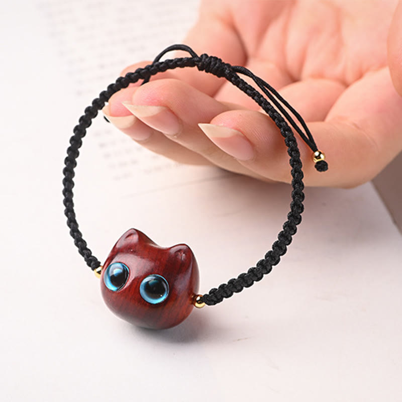 Mythstone Small Leaf Red Sandalwood Ebony Wood Cute Cat Head Calm Protection Braided Bracelet