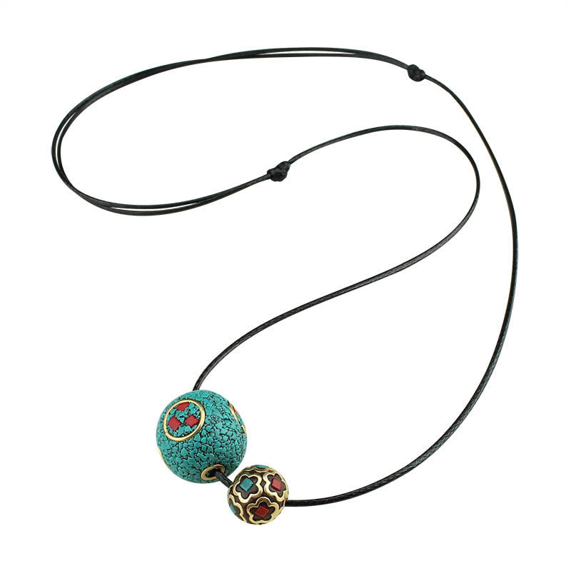 Mythstone Tibetan Turquoise Double Bead Protection Strength Necklace Pendant