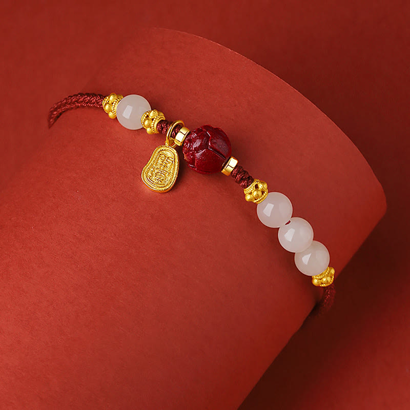 Mythstone 24K Gold Plated Hetian White Jade Cinnabar Lotus Luck Rope Bracelet