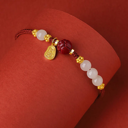 Mythstone 24K Gold Plated Hetian White Jade Cinnabar Lotus Luck Rope Bracelet