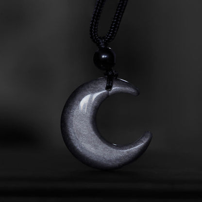 Mythstone Natural Silver Sheen Obsidian Selenite Crystal Crescent Moon Yin Yang Couple Protection Necklace Pendant