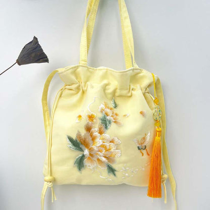 Mythstone Lotus Peony Epiphyllum Phoenix Suzhou Embroidery Cotton Linen Tote Crossbody Bag Shoulder Bag Handbag