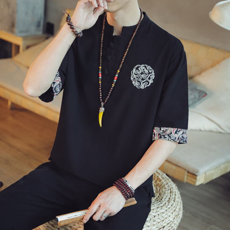 Mythstone Frog-Button Dragon Embroidery Chinese Tang Suit Short Sleeve Shirt Linen Men Clothing