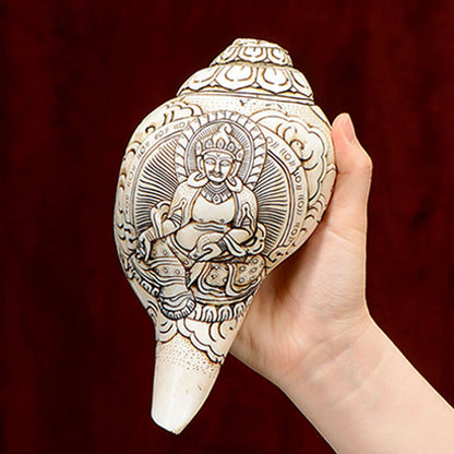 Mythstone Tibetan Handmade Engraved Shankha Buddha Avalokitesvara Conch Shell Wealth Decoration